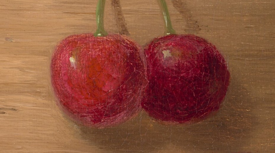 The delicate stems and plumpness of these cherries highlight the artist's skill in rendering organic forms and the fragility of the fruit.