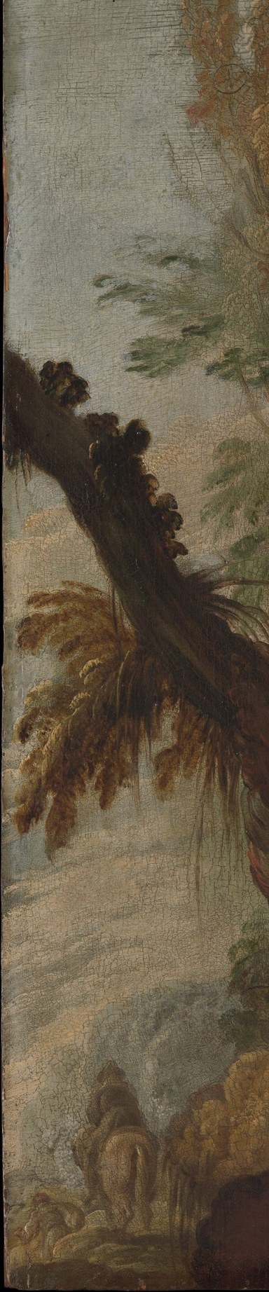 A classical repoussoir device , the trunk forces the eye inward toward the figures and creates a sense of enclosure and potential danger, the forest as an ominous world through which compassion must travel.