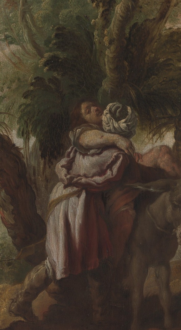 The compositional anchor , the Samaritan in journey, light robes catching the only warm light in an otherwise shadowed scene, dramatizing the act of care against an indifferent wilderness.