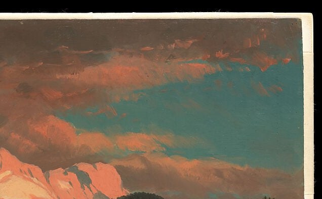 Rust-orange turbulent clouds dwarf the mountain they surround, asserting the Sublime register , nature overwhelming human scale , characteristic of Hudson River School ambition.