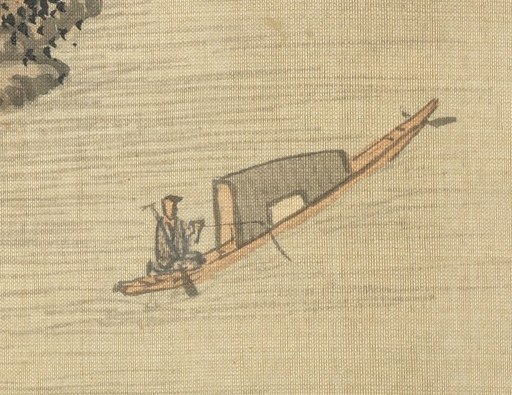 A lone boat drifts downriver, past a small stone bridge.
