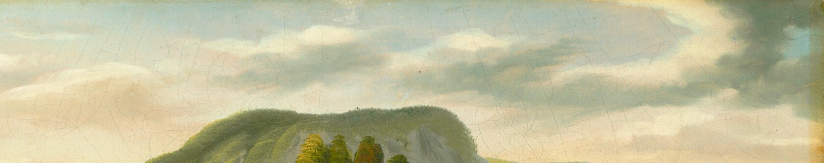 The sky is compressed into a narrow high-key band, an unusual compositional choice that pushes the mountain forward and denies traditional sky drama