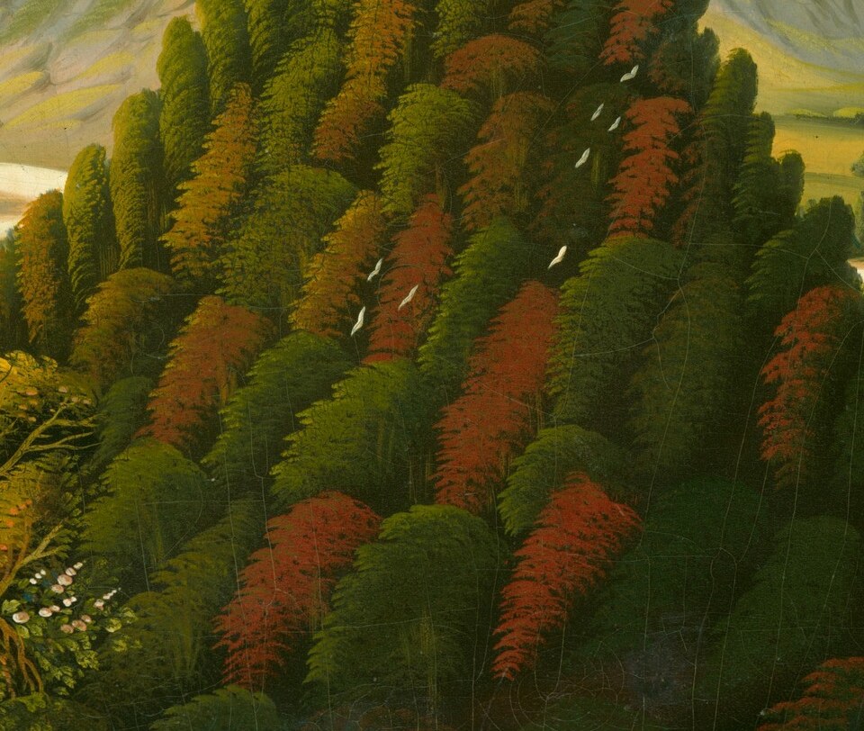 The saturated, non-naturalistic red-brown coloring is Chambers' most radical departure from Hudson River School convention , a modernist flat field hiding in a 19th-century landscape