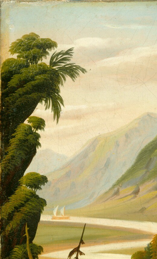 Acts as a repoussor framing device; the bold contour lines and compressed foliage masses reveal Chambers' print-derived, decorative approach to natural forms