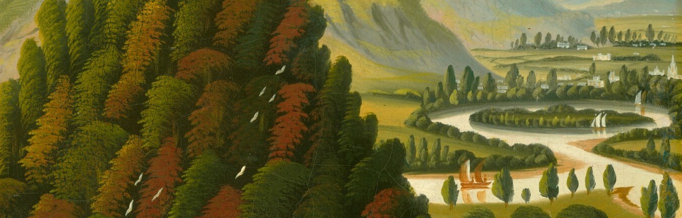 The Connecticut River is rendered as a luminous silver-white ribbon , its brightness and flatness create an almost abstract horizontal band that anchors the composition