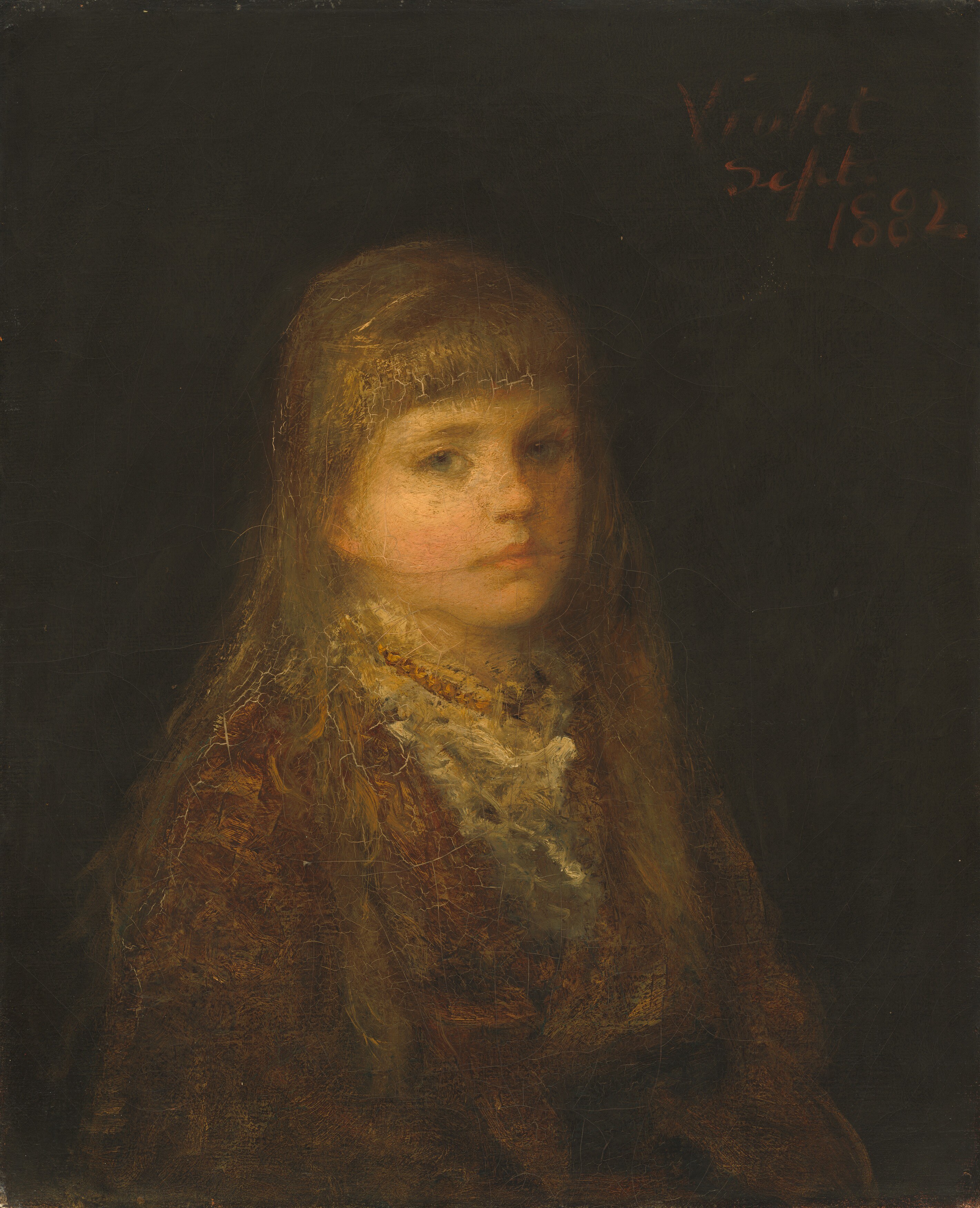 The deep, dark background isolates the subject, enhancing the portrait's intimacy and focus.
