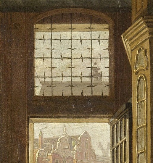 Outside the window, a horse and cart pass by.