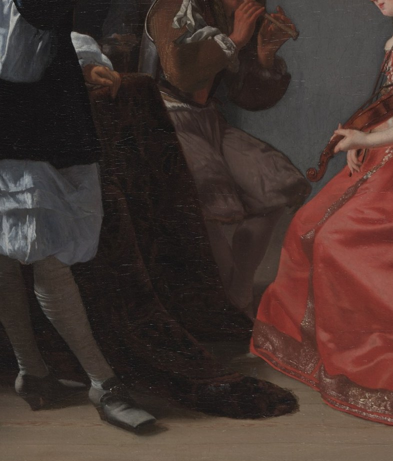 She wears red silk. It cost more than a servant earned in a year.