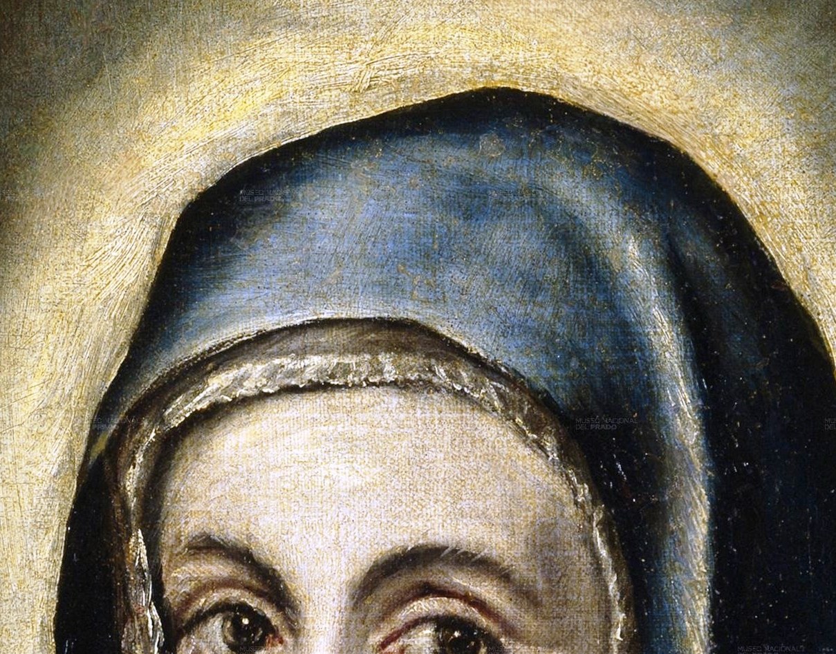 The luminous halo signifies her divine status, even in her earthly suffering.