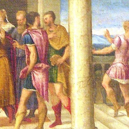 Likely Tarquinius Priscus or a Roman augur reacting to the portent; his gesture and expression are the emotional barometer of the scene