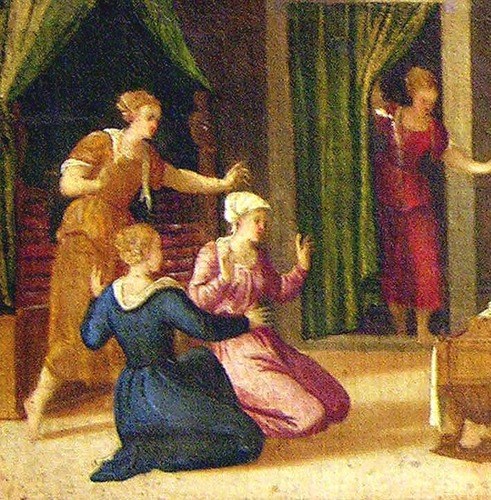 Venetian Renaissance architectural framing device anchoring the scene in a Roman palatial interior; Veronese used such colonnades to stage narrative like a theater set