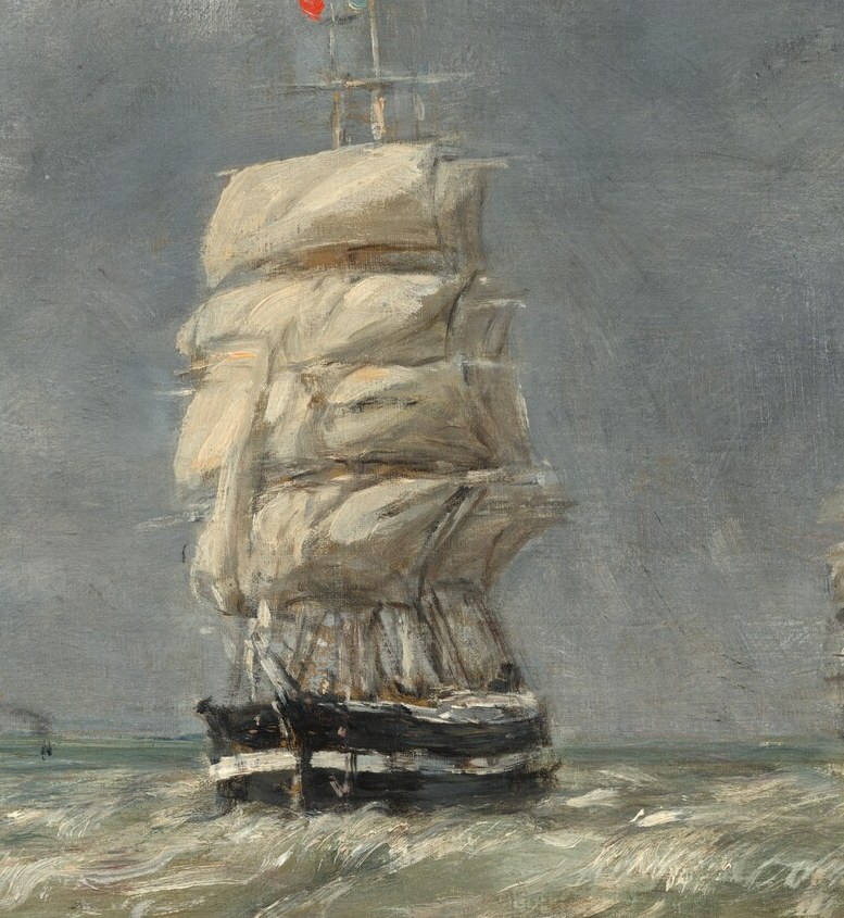 The texture and light on the sails suggest wind and movement, conveying the power of the ship.