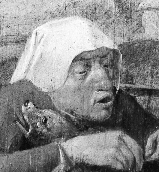 Her expression conveys a sense of resignation and the drudgery of daily life.