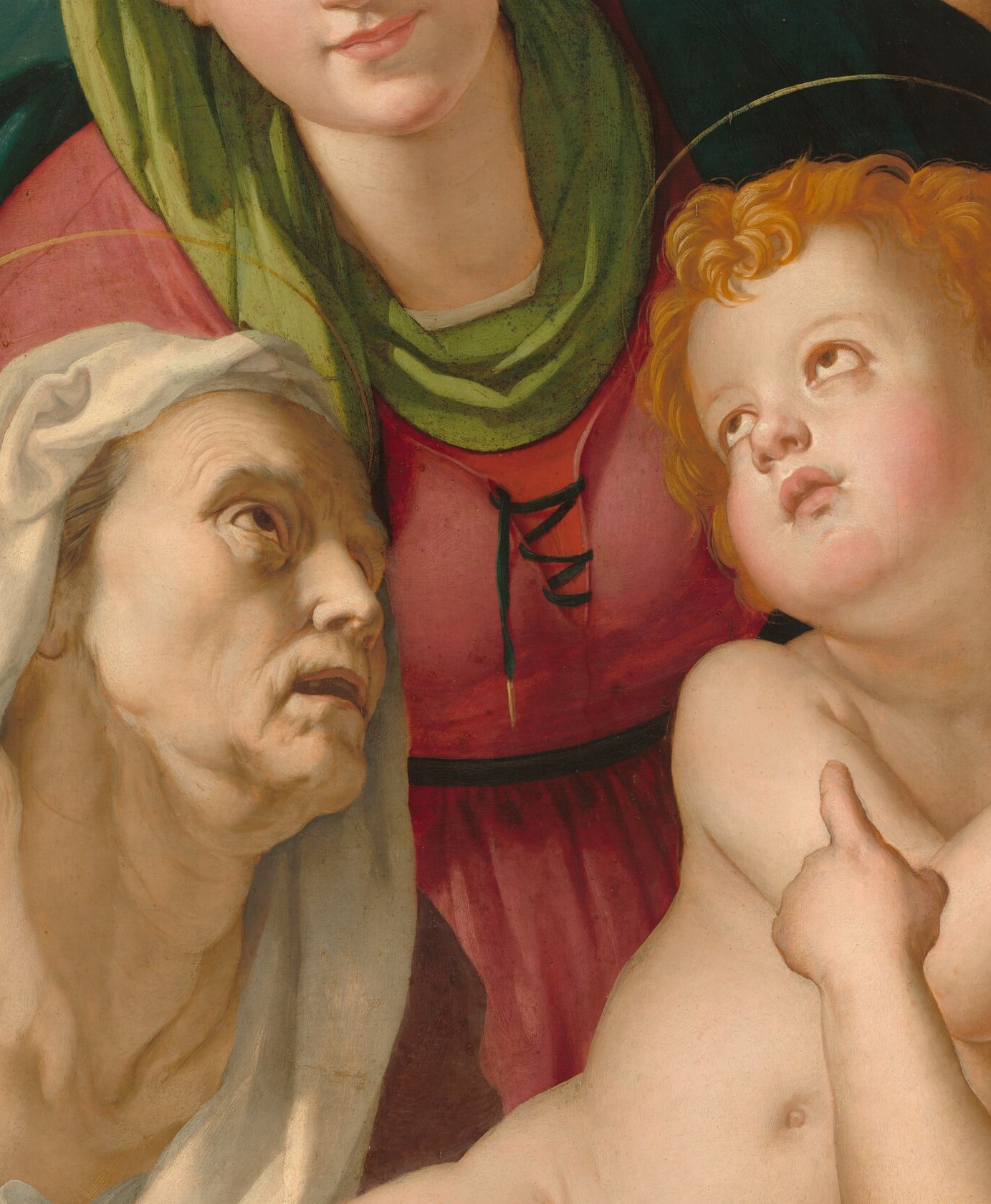 The infant's chubby, animated body twists upward with a gesture of attention or blessing , the compositional and spiritual center of the panel.