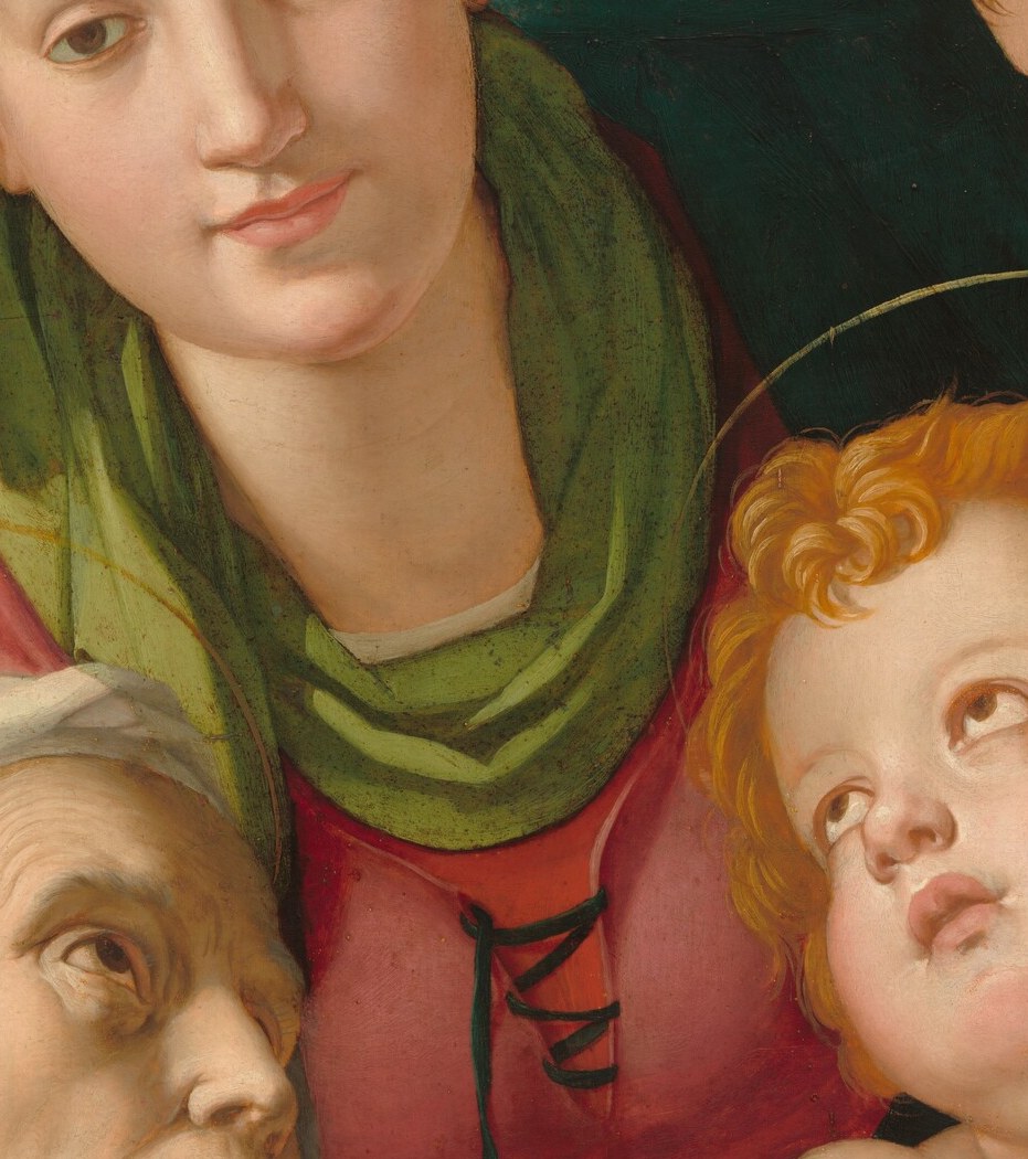 The infant's wide, alert eyes and slightly open mouth convey animation; this is the most emotionally legible face in the painting and the strongest human anchor.