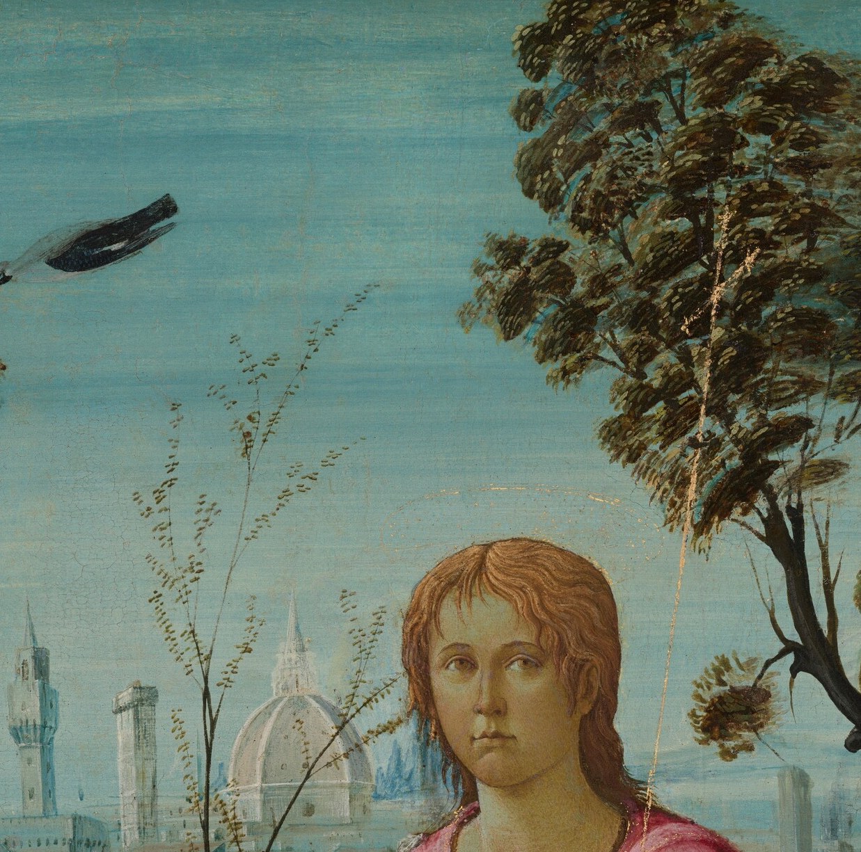 Richly rendered waves recall Florentine workshop ideals of beautiful sanctity; the color echoes the warm pink of the cloak, tying figure together tonally.