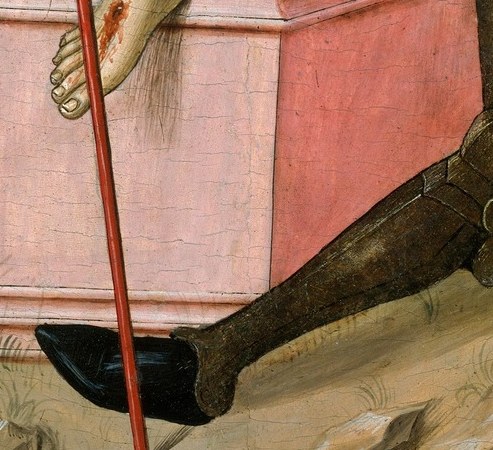 Christ stands barefoot on a pink stone tomb.