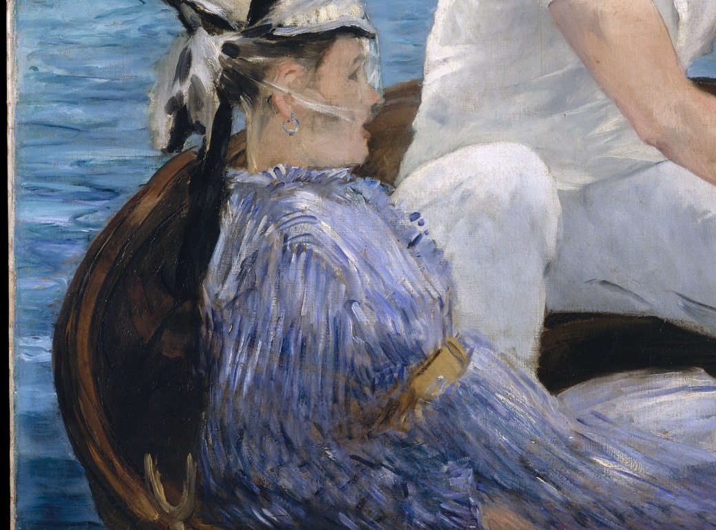Manet's loosely draped brushwork gives the dress enormous visual weight; the cool blue mass rhymes with the water behind, visually fusing the woman with the sea itself.