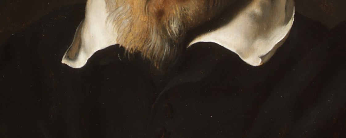 The stiff standing collar signals respectable bourgeois status in Antwerp merchant circles , its geometric whiteness anchors the dark composition and echoes the beard above.