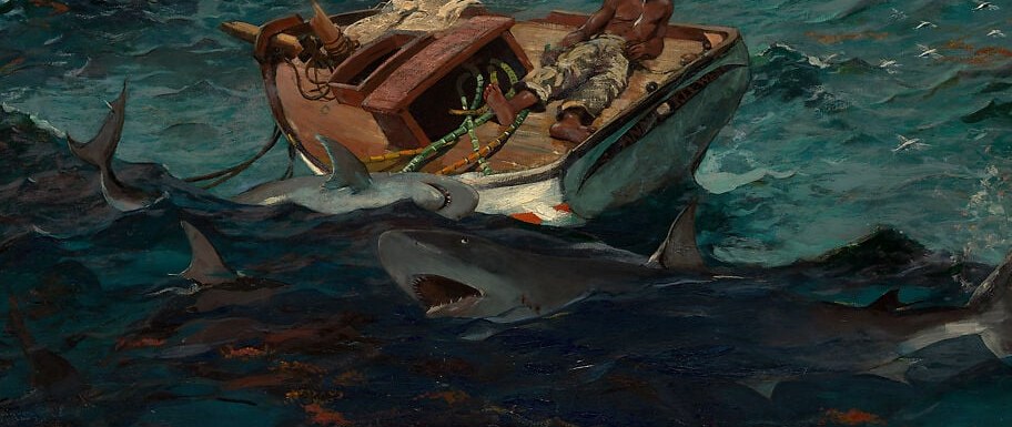 The broken mast and absent rudder remove all means of navigation; the vessel is a symbol of total loss of agency before nature and society