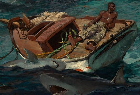 The central human drama , a figure of stoic calm against overwhelming odds; his prone posture reads as exhaustion or resignation, sparking the painting's core moral question