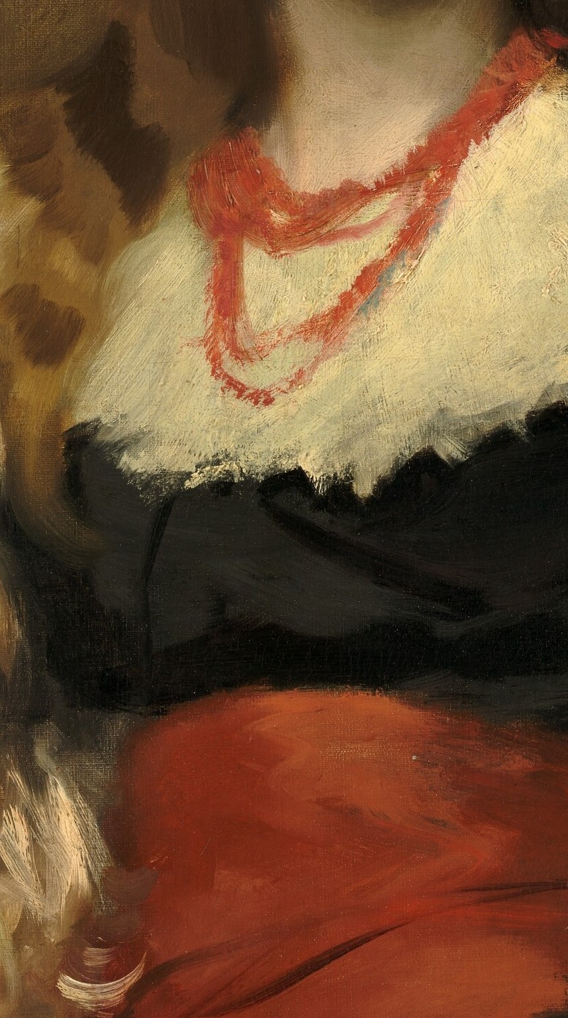 The small, fluffy dog held in her arms adds a touch of domesticity and companionship, its alert expression mirroring the sitter's.