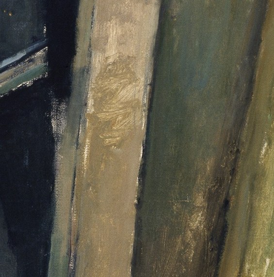 He holds his palette and brush.