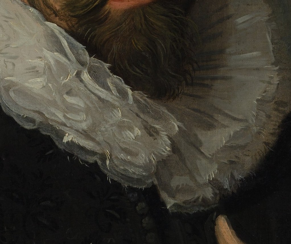 The beard's precise point and the upturned mustache follow fashionable Dutch male grooming of the 1620s, dating the portrait more precisely than costume alone.