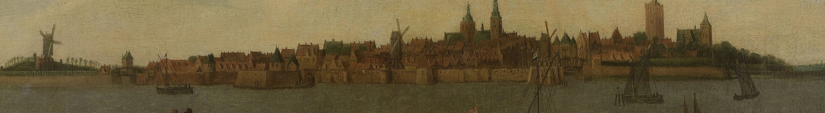 It shows the Dutch town of Heusden, a quiet river scene.