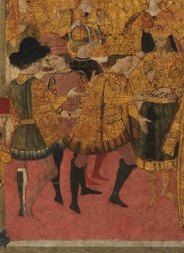 The scene unfolds in a lavish, detailed Renaissance court.