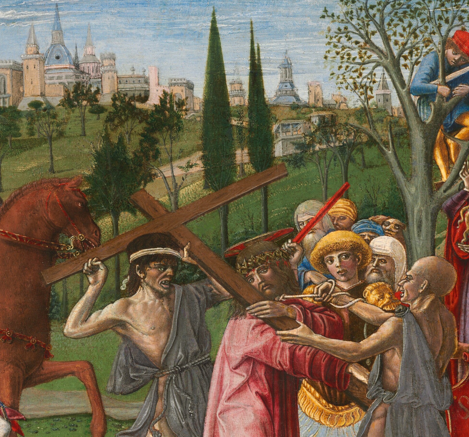 The cross cuts through the crowd at a brutal angle.