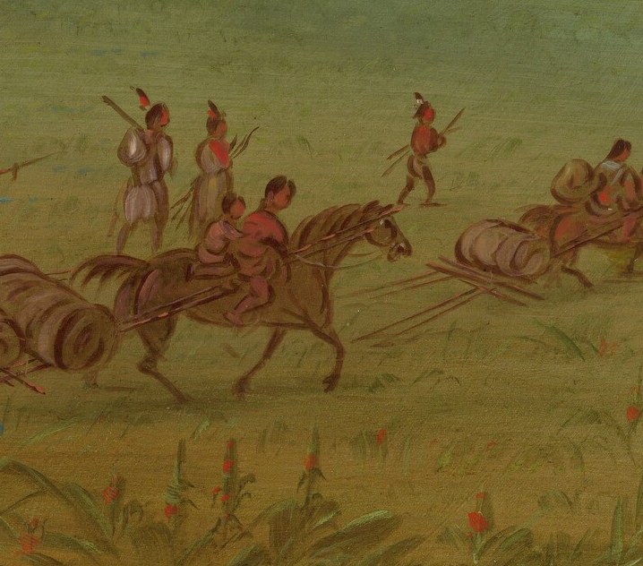 Armed warriors move with purpose, perhaps for defense or hunting.
