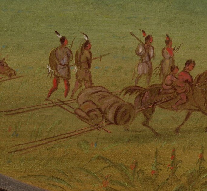 A man guides a horse pulling a travois, a common transport.