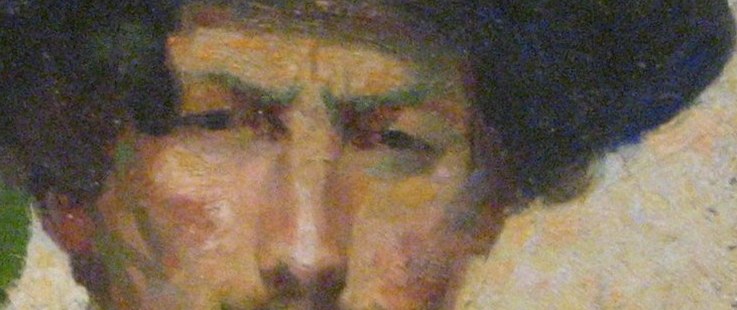 A defining marker of his self-image at age 22-23; the careful rendering makes it a focal point mid-face, giving the portrait a dandyish seriousness.