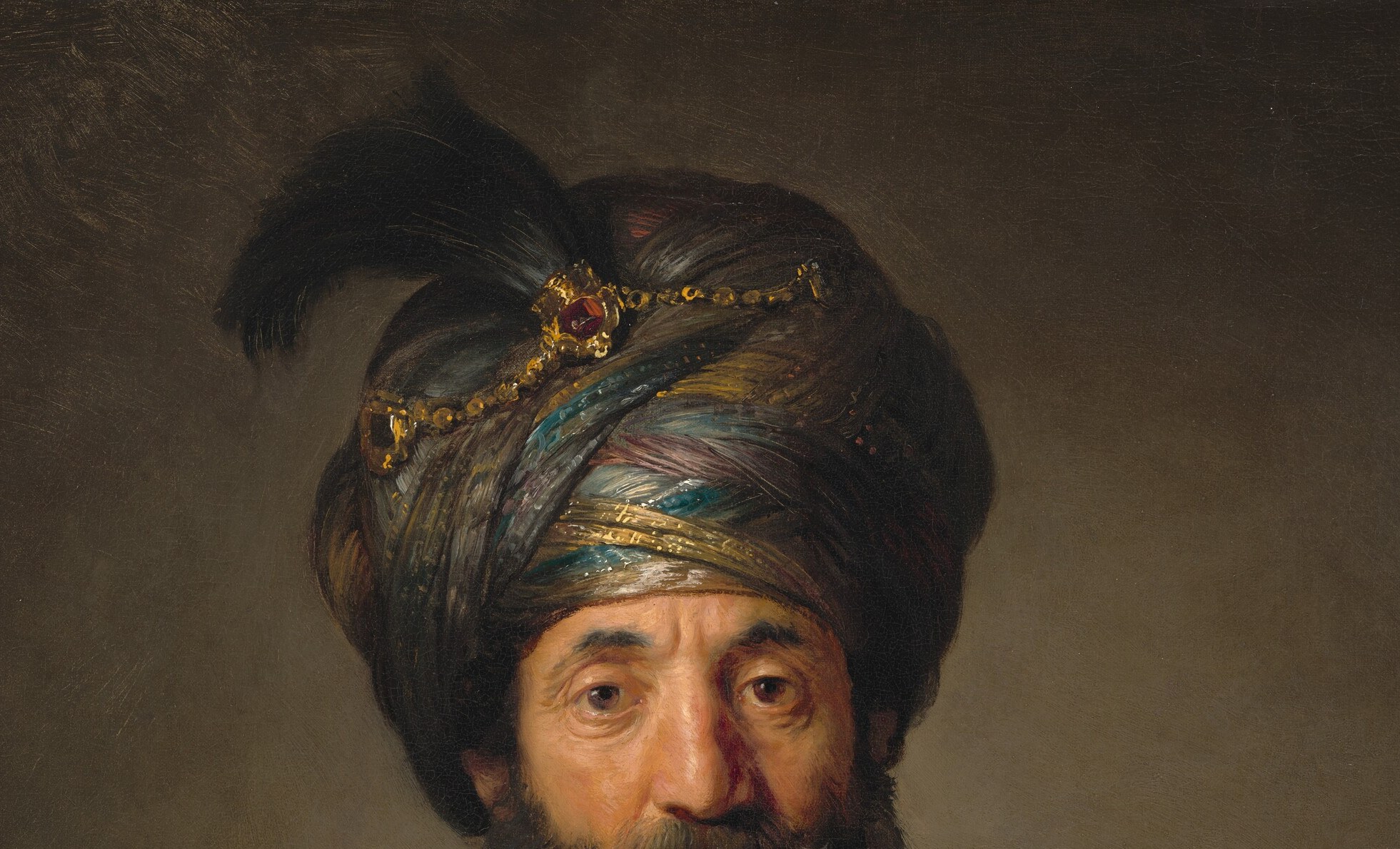 The dominant compositional element , stacked horizontal folds in blue-green signal 'Oriental' exoticism at the core of the tronie genre; Rembrandt renders each wrapped layer as a distinct tonal passage rather than a flat surface