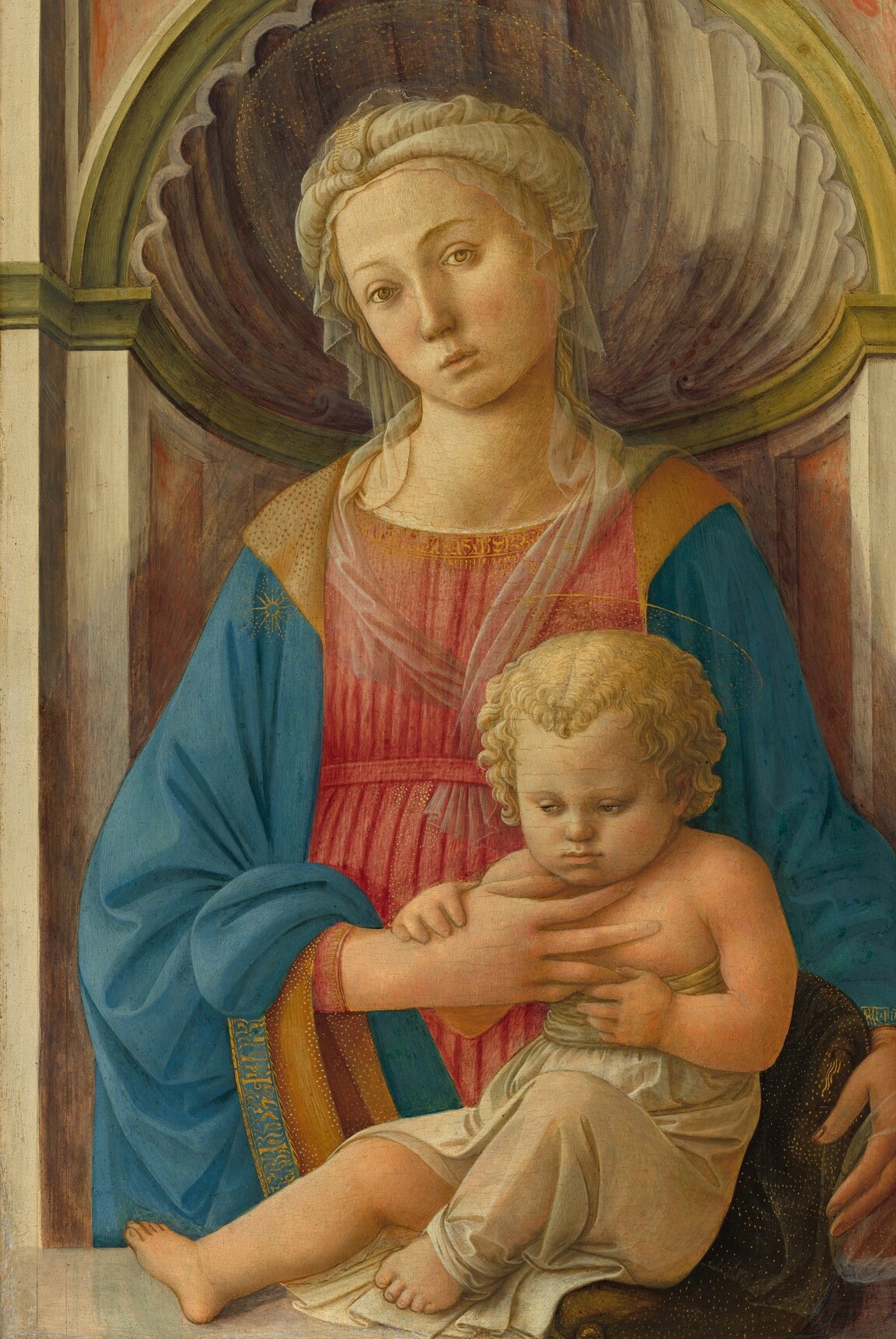 Costly lapis lazuli signals heavenly queenship; the cascading folds built up in fine tempera hatching are among the panel's most technically accomplished passages , a slow camera could stay here a long time