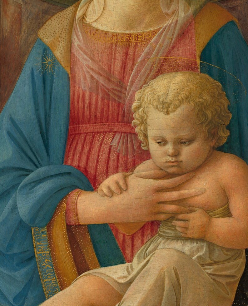 The plump, weighty infant body reflects Masaccio's sculptural naturalism absorbed at the Brancacci Chapel; physical solidity makes the incarnation palpable rather than symbolic