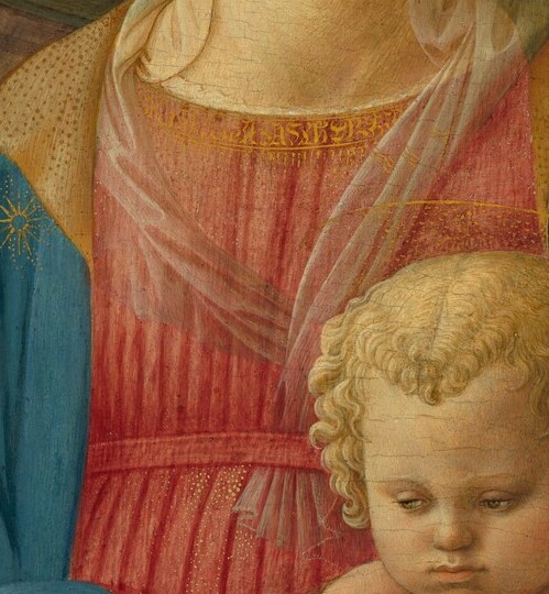 The infant averts his gaze while the Madonna confronts ours , a compositional counterpoint that introduces a note of quiet foreknowledge into an image of new life