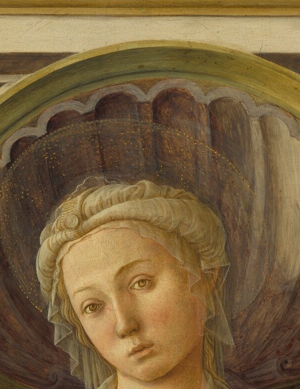 Her slightly inclined head and direct, tender gaze meet the viewer as intercessor rather than celestial queen , an unusually intimate devotional address for the period