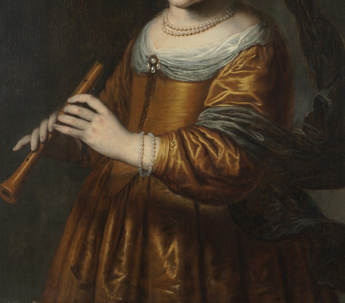 Warm gold fabric dominates the lower canvas; Santvoort's rendering of sheen variations , highlight, shadow, fold , within one garment is the painting's key technical achievement.