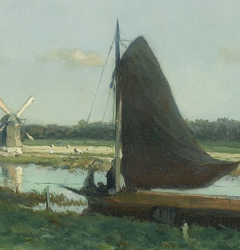 The boat with its dark sail suggests trade and transport.