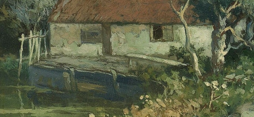 This humble dwelling anchors the left side of the composition and suggests a lived-in landscape.
