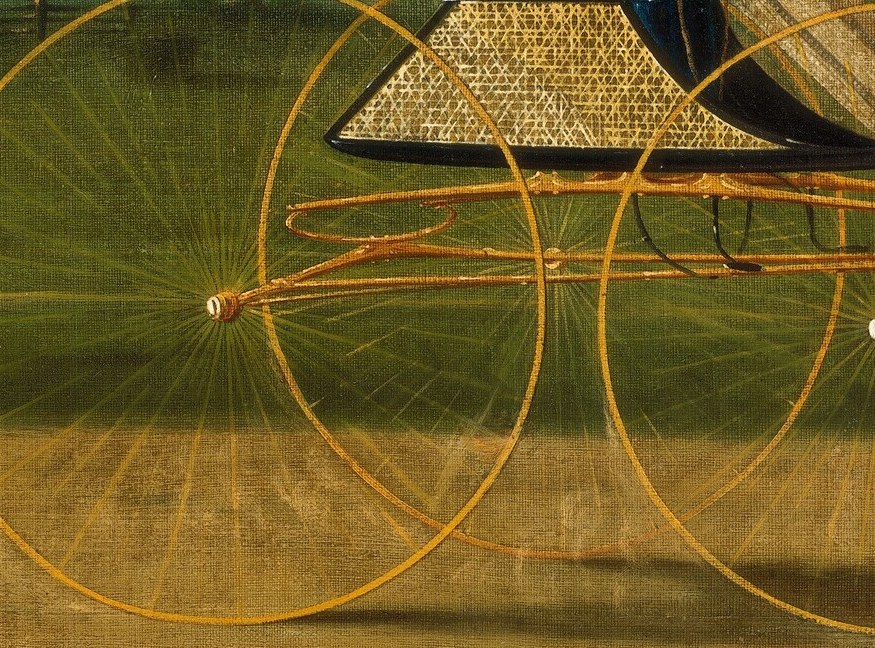 The detailed rendering of the wheel's spokes, appearing almost ethereal, highlights the speed and lightness of the carriage.