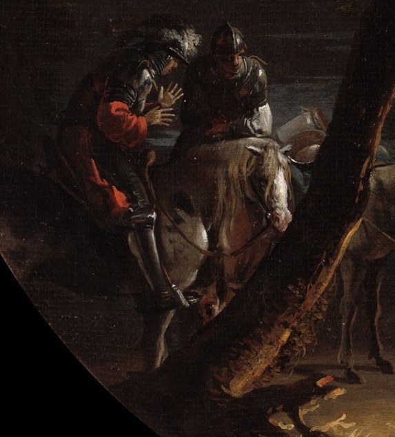 These figures appear to be observers or participants arriving at the scene, adding a sense of narrative progression.