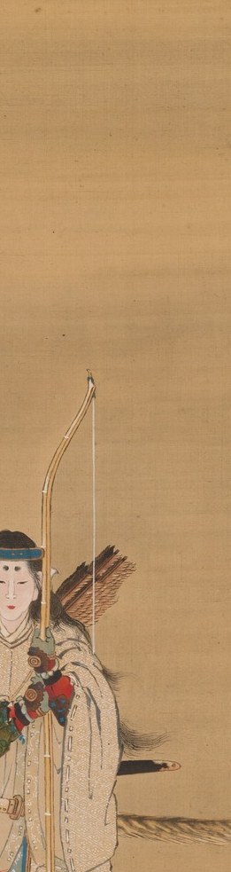 In her hand, a bow. A weapon held by a woman.