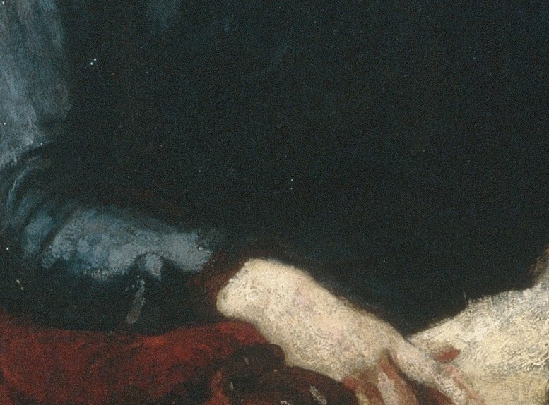 Pale hands against white pages , Eakins habitually used hands as an index of character; the relaxed weight implies deep engagement, not performance