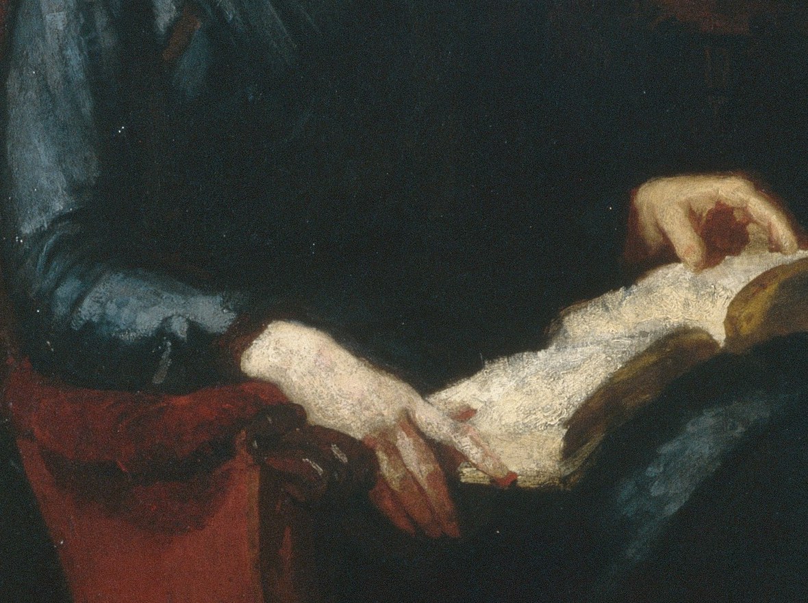 Eakins-trained tonal realism: a single implied off-left light source sculpts everything , the technique is the argument that reading is illuminating