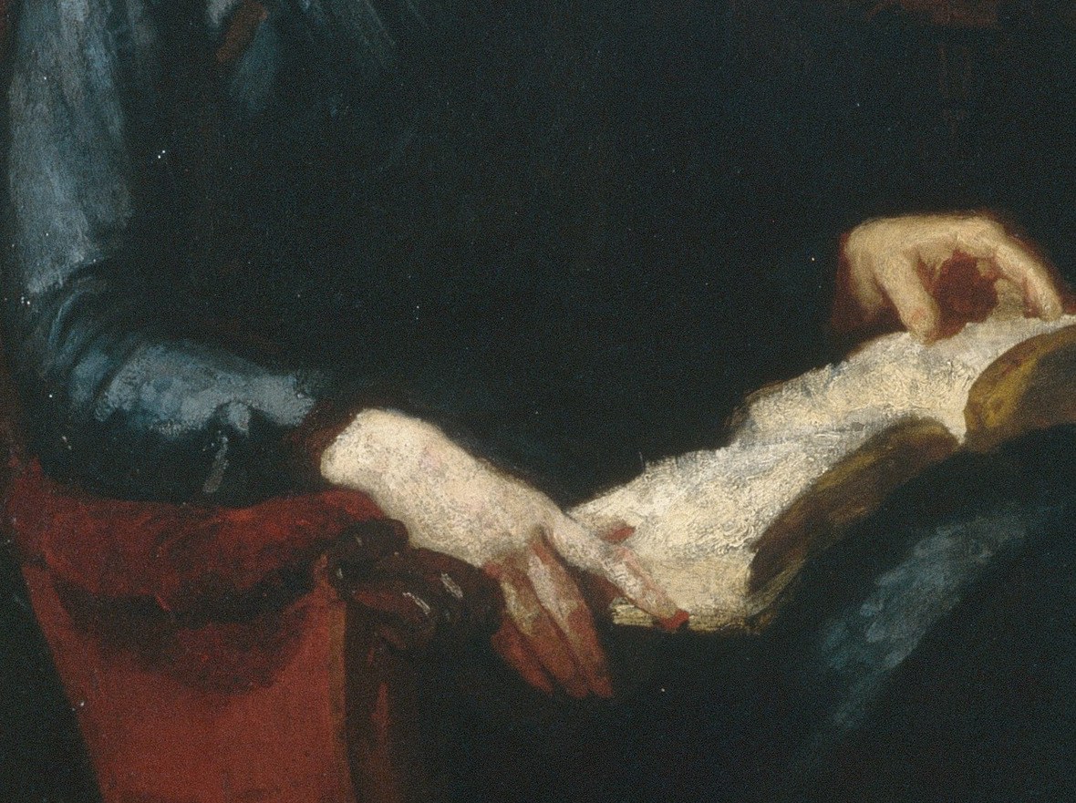 The luminous white pages are the painting's primary light source , everything else reflects or recedes from this glow; a painting literally structured around reading