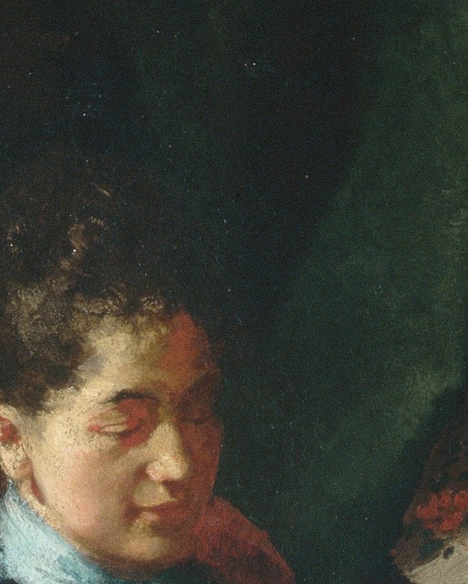 Eyes cast downward in full absorption , the closed private world of reading made visible on a face; Eakins-school unflattering psychological honesty