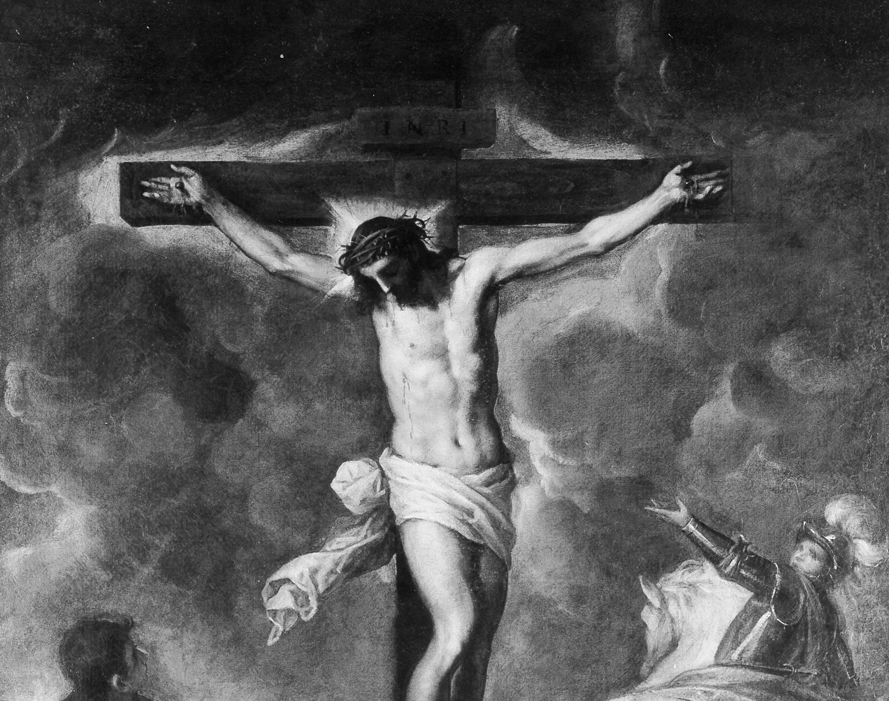 The eclipse-like darkness is a scriptural reference (Matthew 27:45); it also functions as Palma's compositional device to make Christ's body the sole light source.
